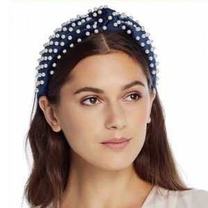Lele Sadoughi Velvet Headband in Navy with Pearls